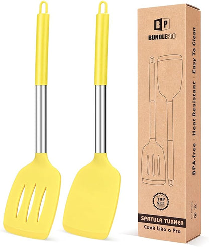Pack of 2 Silicone Solid Turner, Non Stick Slotted Kitchen Spatulas, High Heat Resistant BPA Free Cooking Utensils, Ideal Cookware for Fish, Eggs, Pancakes(Yellow) by BUNDLEPRO