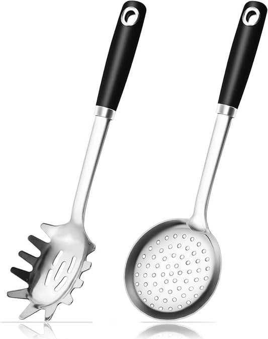 18/0 Stainless Steel Spaghetti Spoon & Slotted Spoon for Cooking, Heavy Duty Frying Spoon Pasta Strainer Skimmer, Cooking Utensils Commercial and Residential Use, Pack of 2 by MUJINON