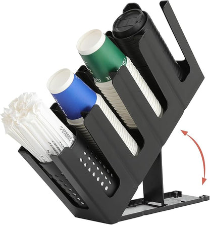 Paper Cup and Lid Holder with Straw Organizer,4 Compartment Adjusting,Coffee Cup Dispenser for Countertop,Coffees Station,Bar Restaurant,Black by cupholder