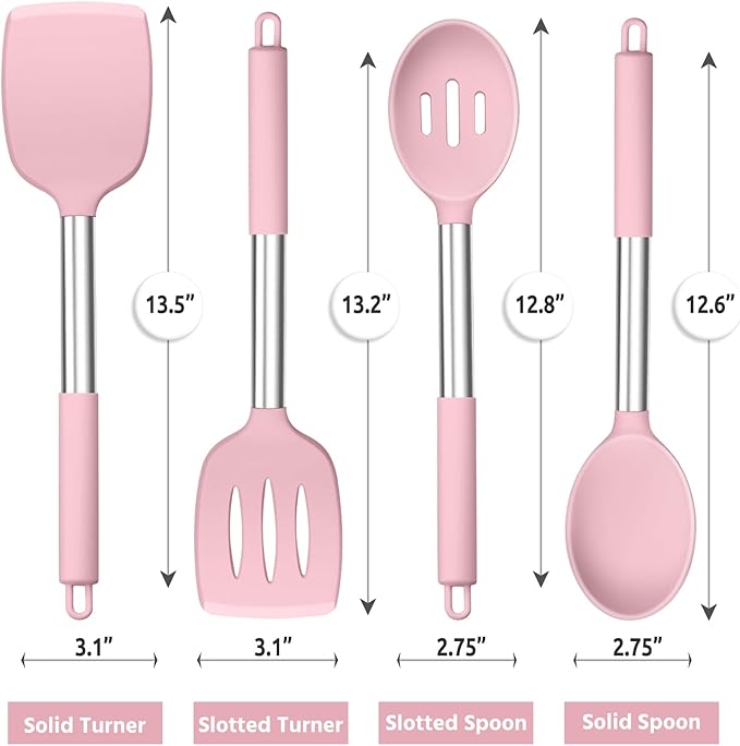 E-far Cooking Utensils Set of 4, Silicone Kitchen Utensils for Non-stick Cookware, Heat Resistant & Non-toxic Slotted Spatula Solid Spoon Turner for Flipping Mixing Serving Basting(Pink) - Image 2