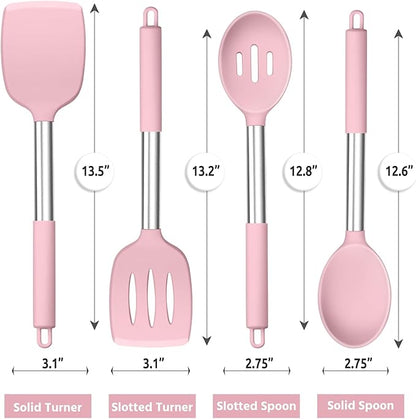 E-far Cooking Utensils Set of 4, Silicone Kitchen Utensils for Non-stick Cookware, Heat Resistant & Non-toxic Slotted Spatula Solid Spoon Turner for Flipping Mixing Serving Basting(Pink) - Image 2