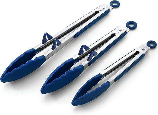 Silicone Tongs for Cooking, 3Pcs Stainless Steel Kitchen Tong with Silicone Tips, Heat Resistant Food Grade Small Serving Tong for BBQ Salad, Blue(7"+9"+12")