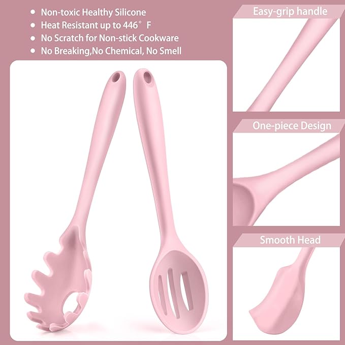 P&P CHEF Silicone Cooking Utensils Set of 7, Heat-proof Kitchen Utensils Set for Nonstick Cookware, Non-stick Spatula, Slotted Turner, Soup Ladle, Pasta Server, Spoon for Cooking Serving - Pink - Image 3