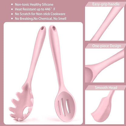 P&P CHEF Silicone Cooking Utensils Set of 7, Heat-proof Kitchen Utensils Set for Nonstick Cookware, Non-stick Spatula, Slotted Turner, Soup Ladle, Pasta Server, Spoon for Cooking Serving - Pink - Image 3
