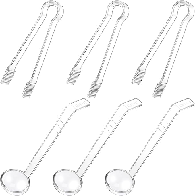 6 Pieces Plastic Serving Utensils Set Including 3 Pcs 1 oz Small Ladle and 3 Pcs Tong Acrylic Long Handle Ladle for Serving Sauce, Soup, Dressing, Punch Bowl, Gravy for Party Banquets Catering(Clear) by Domensi