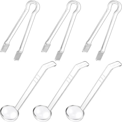 6 Pieces Plastic Serving Utensils Set Including 3 Pcs 1 oz Small Ladle and 3 Pcs Tong Acrylic Long Handle Ladle for Serving Sauce, Soup, Dressing, Punch Bowl, Gravy for Party Banquets Catering(Clear) by Domensi