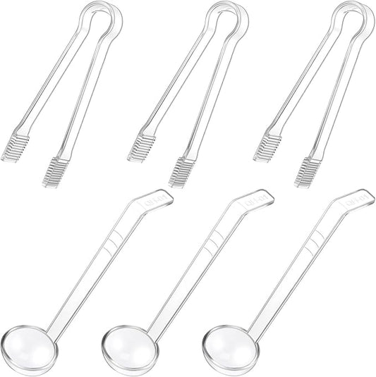6 Pieces Plastic Serving Utensils Set Including 3 Pcs 1 oz Small Ladle and 3 Pcs Tong Acrylic Long Handle Ladle for Serving Sauce, Soup, Dressing, Punch Bowl, Gravy for Party Banquets Catering(Clear) by Domensi