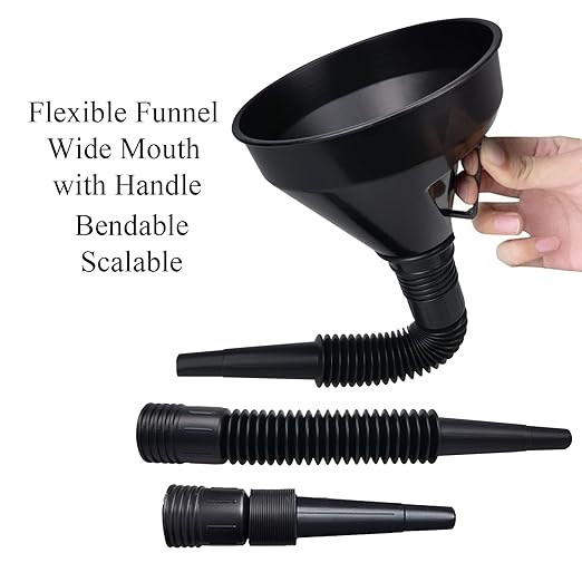 Flex Funnel - Wide Mouth Flexible Funnel with Handle, Multi-Functional Large Plastic Automotive Funnels for Cars and Motorcycles, Engine Oil, Liquid, Diesel, Kerosene,Gasoline (2pcs x 5.2" Black)