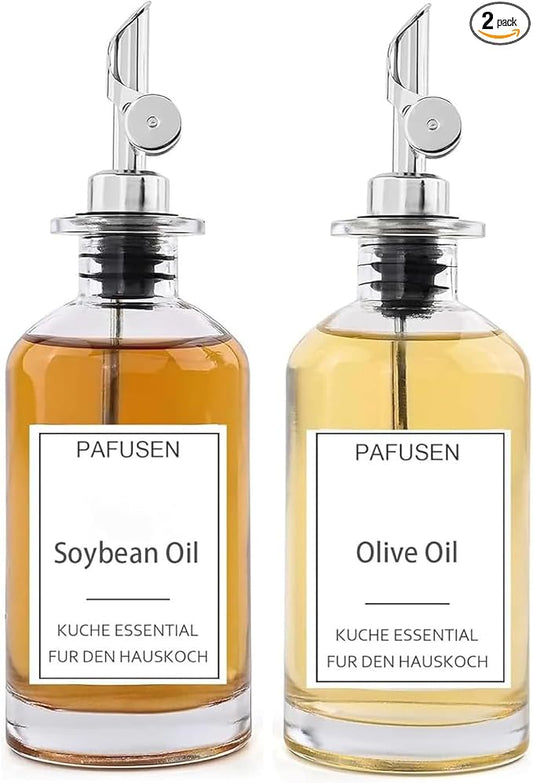 Pafusen 2 Pack Olive Oil Dispenser Bottle, 12 oz Oil Bottles for Kitchen, Glass Oil Coffee Syrup Dispenser, Simple Syrup Bottles with 2 Auto Flip Olive Oil Pourers, Silver