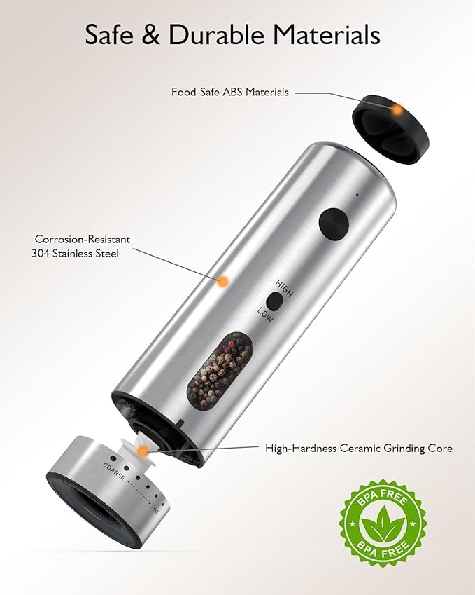 Electric Salt and Pepper Grinder Set, Upgraded 2-Speed Setting, External 6 Adjustable Coarseness, USB C Dual Rechargeable Base, All Stainless Steel Automatic Salt & Pepper Mill Shakers with LED Light - Image 9