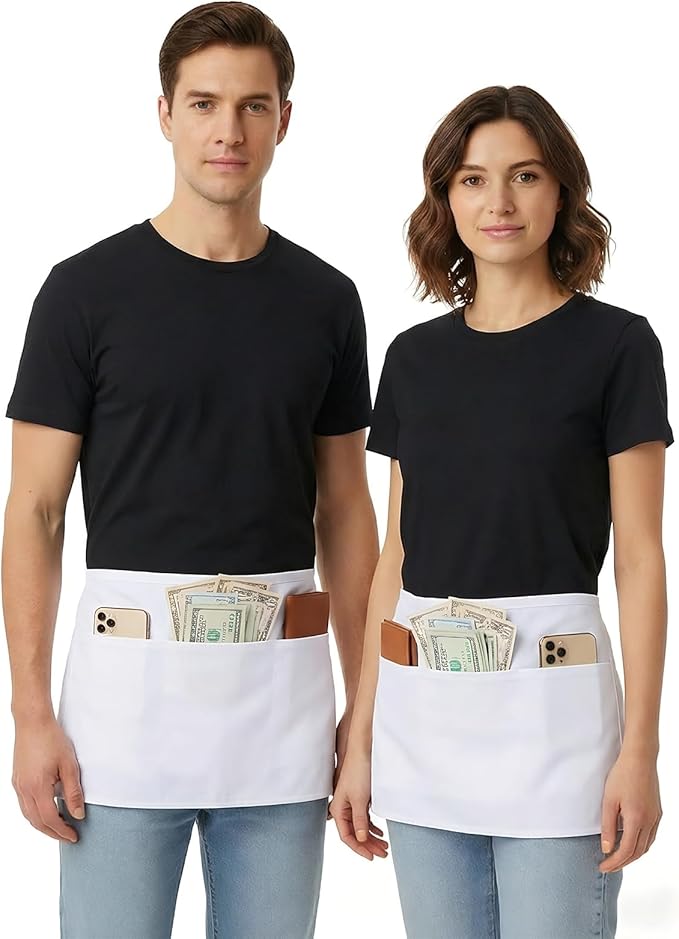 BOHARERS Waist Apron with 3 Pockets 3 Pack - White Waitress Server Short Apron - Image 4