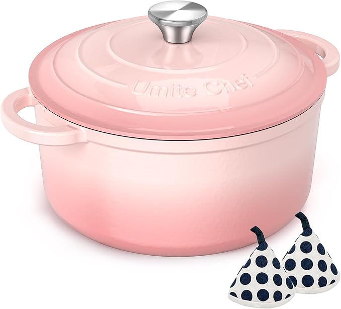 Umite Chef 5QT Enameled Cast Iron Dutch Oven Pot with Lid, Heavy-Duty Cookware for Bread Baking, Braising, Stews, Roasting, Wedding Registry Ideas & Gifts (Pink) by UmiteChef