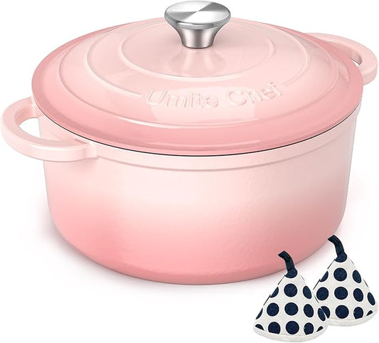 Umite Chef 5QT Enameled Cast Iron Dutch Oven Pot with Lid, Heavy-Duty Cookware for Bread Baking, Braising, Stews, Roasting, Wedding Registry Ideas & Gifts (Pink) by UmiteChef