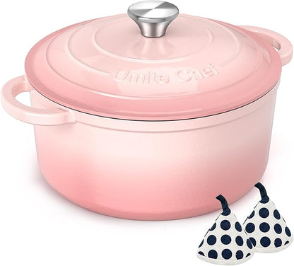 Umite Chef Enameled Cast Iron Dutch Oven-7QT Pot with Lid Cookbook & Cotton, Heavy-Duty Cookware for for Bread Baking, Braising, Stews, Marinate, Cook(Pink) by UmiteChef