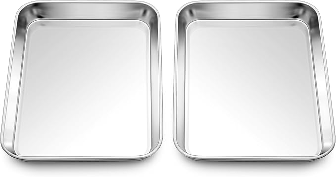 Homikit 2 Pack Baking Sheet, 9 x 7 Inches Stainless Steel Cookie Tray Set for Cooking Toasting, Mini Metal Cookie Toaster Oven Baking Pan Non Stick, Rustproof & Mirror Finish, Dishwasher Safe by Homikit