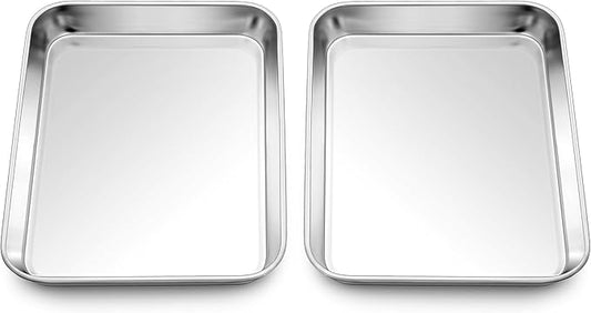 Homikit 2 Pack Baking Sheet, 9 x 7 Inches Stainless Steel Cookie Tray Set for Cooking Toasting, Mini Metal Cookie Toaster Oven Baking Pan Non Stick, Rustproof & Mirror Finish, Dishwasher Safe by Homikit
