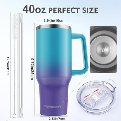 40oz Stainless Steel Double Vacuum Tumbler with Handle, Straw Lid, Carrier Bag, Purse Pouch Phone Pocket, Gym Water Bottle Travel Mug and Sleeve Holder for Men Women (Green Purple)