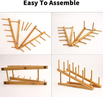4 PCS Wooden Dish Drying Rack Bamboo Plate Dish Rack Stand Kitchen Cabinet Organizer Pot Lid Holder for Plate, Dish, Cup, Cutting Board, Bowl, Pot Lid - Image 3