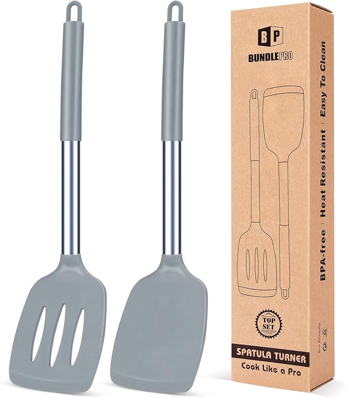Pack of 2 Silicone Solid Turner, Non Stick Slotted Kitchen Spatulas, High Heat Resistant BPA Free Cooking Utensils, Ideal Cookware for Fish, Eggs, Pancakes(Gray) by BUNDLEPRO
