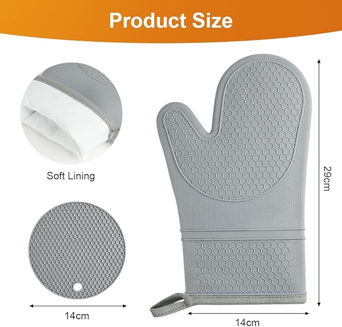 AUAUY Oven Mitts with 2 Potholders, Silicone Oven Gloves Heat Resistant 464°F, Non-Slip Silicone BBQ Gloves, Waterproof Cooking Gloves, Oven Gloves for Barbecue Kitchen Baking Microwave, Grey - Image 2