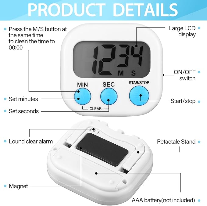Weewooday 24 Pcs Digital Kitchen Timer Magnetic Timer Bulk On/Off Switch Minute Second Count up Countdown Loud Alarm for Exercise Cook Baking (Black,White) - Image 3