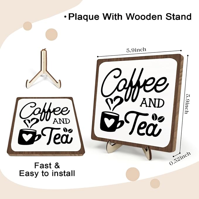 Coffee Bar Sign Plaque, Coffee Signs for Coffee Station, Vintage Coffee Sign Decor for Kitchen, Coffee Bar Accessories, Coffee Themed Gifts, Farmhouse Cafe Sign,Coffee & Tea Bar Decor Signs (White&Brown, 5.9x5.9inches) - Image 2