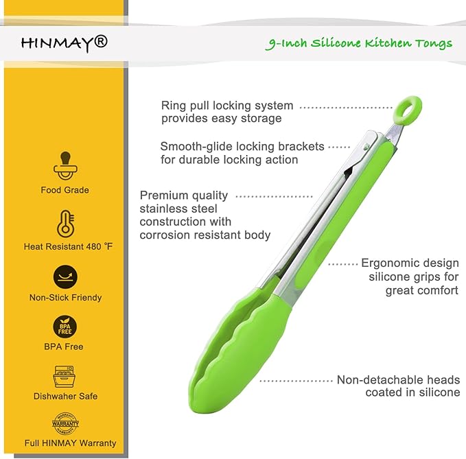 HINMAY Silicone Tongs 9-Inch Stainless Steel Locking Kitchen Tongs, Set of 3 (Green) - Image 2