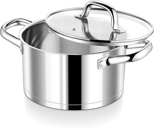 P&P CHEF 5 Quarts Cooking Stock Pot with Lid, Stainless Steel Stockpot Induction Pot for Soup, Tri-Ply Bottom & Clear Glass Lid & Double Handle, Dishwasher Safe by PPCHEF