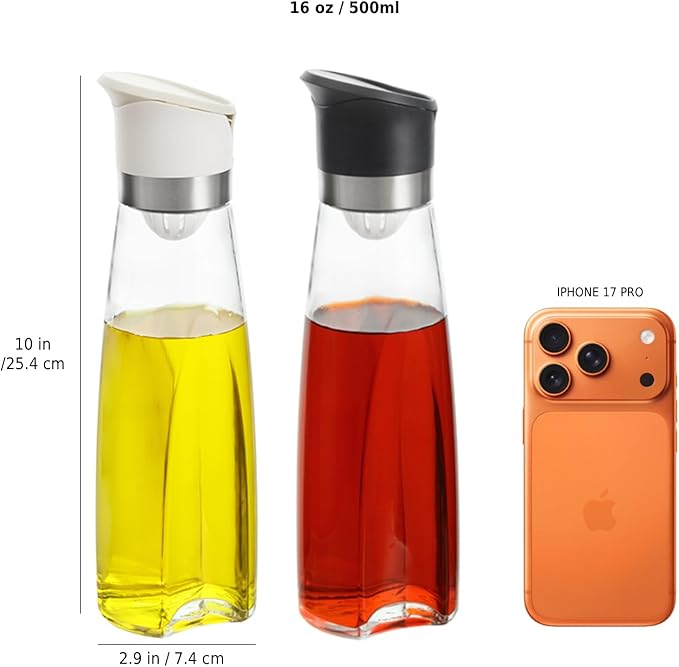 Premium Glass Olive Oil and Vinegar Dispenser Bottles Set, 2-Piece 16oz Kitchen Cooking Cruet with Auto-Open Lid, Non-Drip Pouring Spout, Oil Infuser Filter, Dishwasher Safe