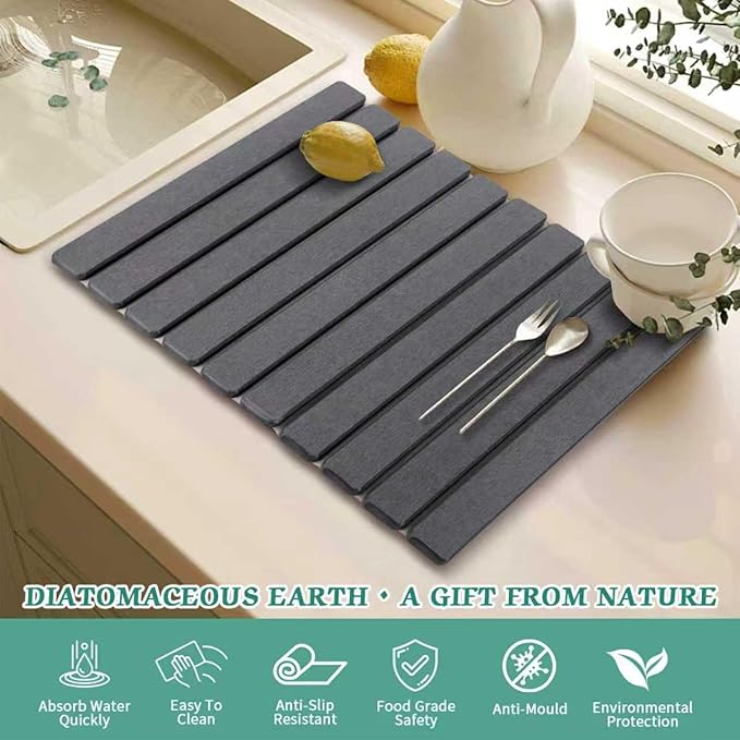 Stone Dish Drying Mat for Kitchen Counter, 24''×15'' Dishes Drying Matt Kitchen Counter, Absorbent Diatomaceous Earth Bath Quick Dry Mats for Tableware, Bottles and Cup (Dark Grey) - Image 4
