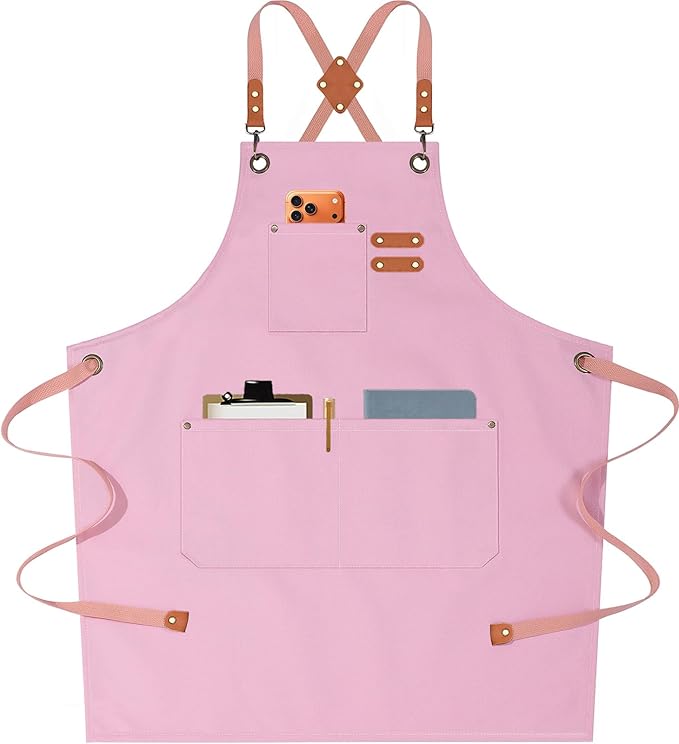AFUN Chef Aprons for Men Women with Oversized Pockets, 16-Ounce Cotton Canvas Cross Back Heavy Duty Work Apron (Light Pink) by BringYouaFun