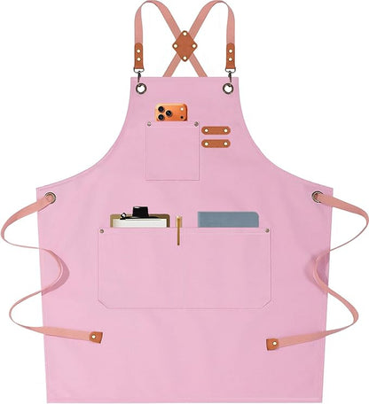 AFUN Chef Aprons for Men Women with Oversized Pockets, 16-Ounce Cotton Canvas Cross Back Heavy Duty Work Apron (Light Pink) by BringYouaFun