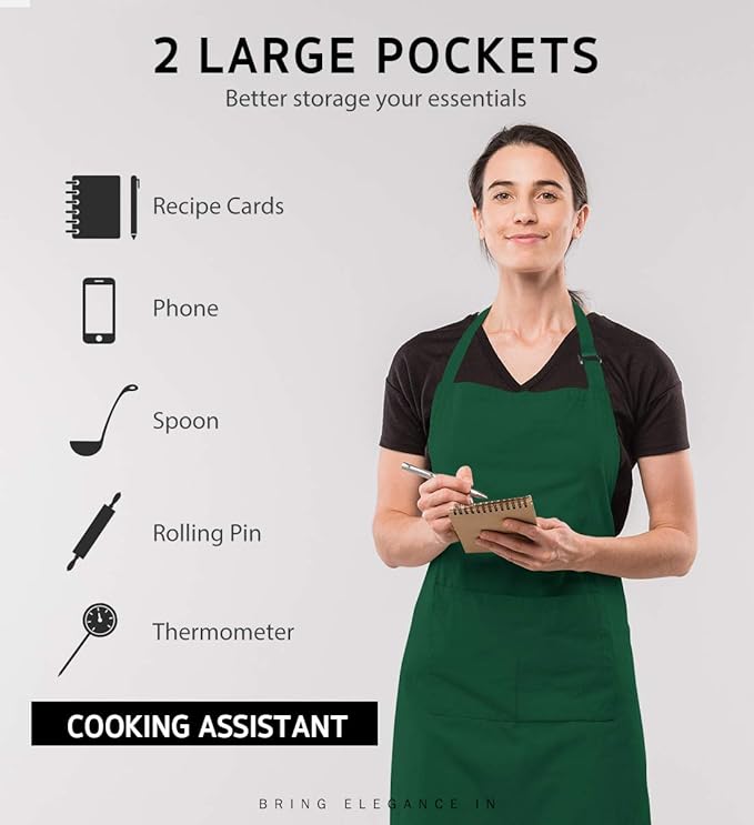 Syntus 12 Pack Bib Apron, Unisex Aprons Adjustable Waterdrop Resistant with 2 Pockets Cooking Kitchen Apron for Chef, BBQ Drawing Apron Bulk, Dark Green - Image 5