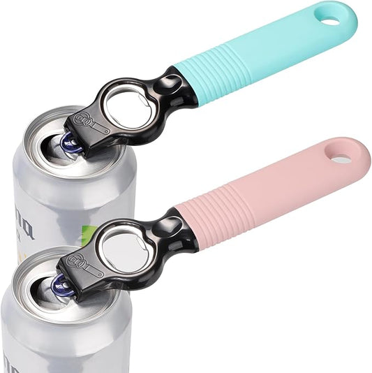 Soda Can Opener and Beer Bottle Opener Bartender with 4.2" Long Silicone Handle, Pop Top Can Tab Opener for Long Nails, Bottle Opener for Arthritic Hand and Seniors 1*Aqua blue1*Pink