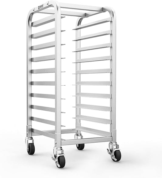 TenUp 10-Tier Half Size Sheet Pan Rack, Heavy-Duty Aluminum Bakery Rack with Wheels – Commercial Cooling & Storage Cart – 18" L x 15.5" W x 36" H by TENUP
