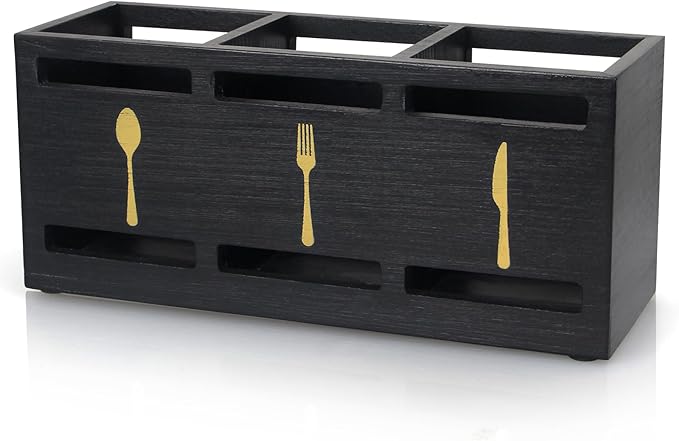 Ayiaren Wooden Cutlery Silverware Holder Flatware Utensil Caddy Black Utensil Holder for Kitchen Counter Wood Silverware Caddy Organizer for Table Countertop Spoon Knife and Fork Holder for Parties by Ayiaren
