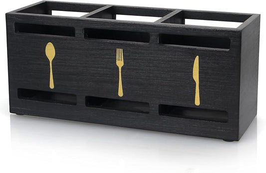 Ayiaren Wooden Cutlery Silverware Holder Flatware Utensil Caddy Black Utensil Holder for Kitchen Counter Wood Silverware Caddy Organizer for Table Countertop Spoon Knife and Fork Holder for Parties by Ayiaren