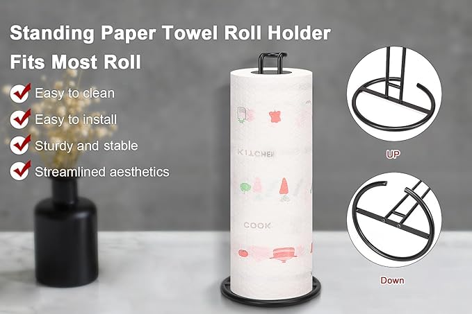 NearMoon Paper Towel Holder, Sturdy Paper Towel Stand Dispenser-All Metal, Standard or Jumbo-Sized for Kitchen Countertop, Farmhouse, Living Room (1 Pack, Matte Black) - Image 3