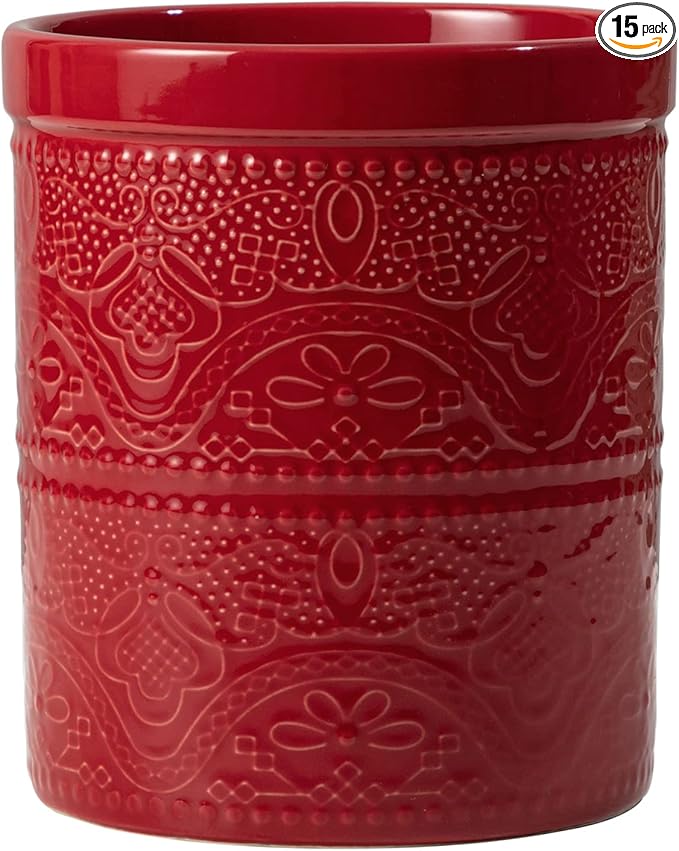 FUN ELEMENTS Kitchen Utensil Holder, 7.2" Super Large Utensil Crock Heavy and Stable Lace Emboss Ceramic Utensil Holder for Kitchen Counter (Christmas Red) by IntoYourHouseOntoYourTable