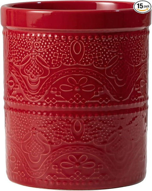 FUN ELEMENTS Kitchen Utensil Holder, 7.2" Super Large Utensil Crock Heavy and Stable Lace Emboss Ceramic Utensil Holder for Kitchen Counter (Christmas Red) by IntoYourHouseOntoYourTable