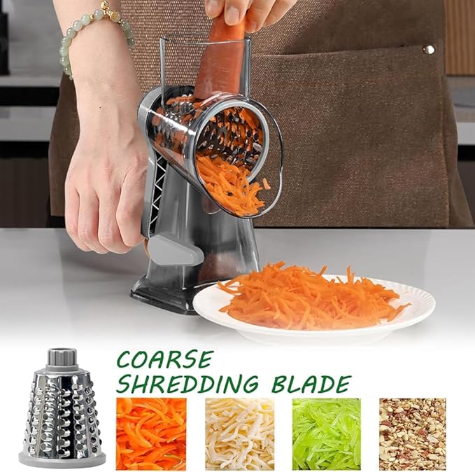 Dachenus Cheese Grater Rotary Cheese Grater,Versatile Cheese Shredder,Blades for Shredding, Grating, Slicing,Cheese Shredder with Suction Base and Cleaning Brush Kitchen Gift (gray)