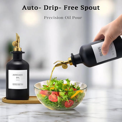 Olive Oil Dispenser Set, 2 x 11.8oz Black Glass Bottles with Auto-Flip Spouts & 2 Capped Spare Spouts, Bamboo Tray, Oil & Vinegar Cruet (Black)