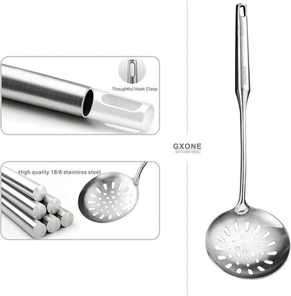 Skimmer Slotted Spoon,304 Stainless Steel Slotted Spoon, Handle Mesh Food Strainer Stainless Steel Colander with Hollow Handle Heat Resistant Cooking Tool,Silver/15.1Inch - Image 3