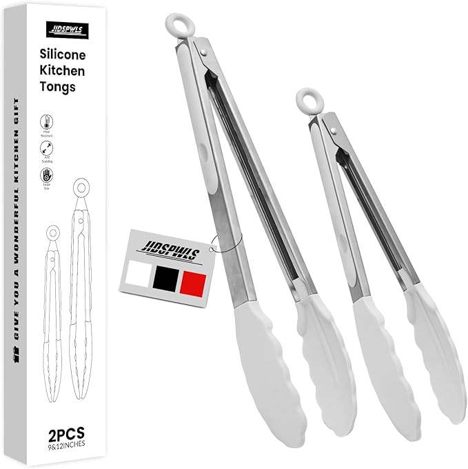 Premium Stainless Steel Heat Resistant Kitchen Tongs for cooking,set of 9" and 12" (White),Non Scratch Silicone cooking Tong Tip for Cooking Pans,Strong Grip BBQ tongs for Grabbing Hot Food by JIDSPWLS-USStrore