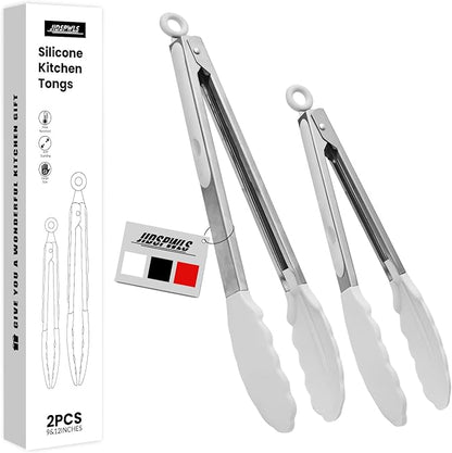 Premium Stainless Steel Heat Resistant Kitchen Tongs for cooking,set of 9" and 12" (White),Non Scratch Silicone cooking Tong Tip for Cooking Pans,Strong Grip BBQ tongs for Grabbing Hot Food by JIDSPWLS-USStrore