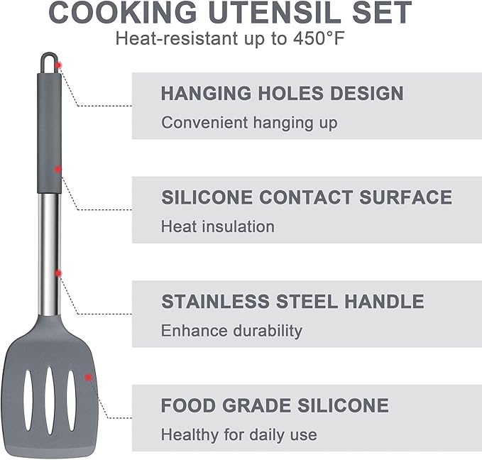 E-far Silicone Cooking Utensils Set, 7 Pcs Heat Resistant Kitchen Utensils with Stainless Steel Handle, Slotted Turner, Spoon, Soup Ladle, Pasta Server, Skimmer, Tongs for Nonstick Cookware, Gray - Image 5