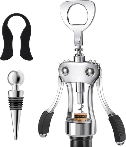 Wine Opener with Stopper, Cutter - Wine Bottle Opener Bundle, Zinc Alloy Wing Corkscrew Heavy Duty, Cork Screw Beer Opener for Bartenders, Multifunctional Bottle Opener for Kitchen, Restaurant, Bar by KORCCI