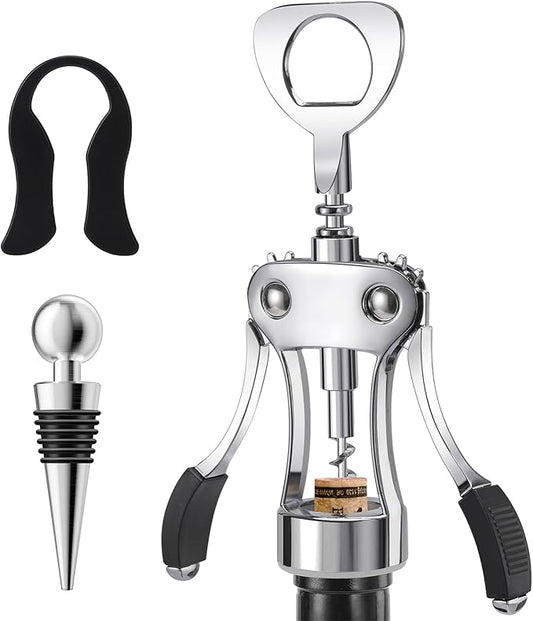Wine Opener with Stopper, Cutter - Wine Bottle Opener Bundle, Zinc Alloy Wing Corkscrew Heavy Duty, Cork Screw Beer Opener for Bartenders, Multifunctional Bottle Opener for Kitchen, Restaurant, Bar by KORCCI