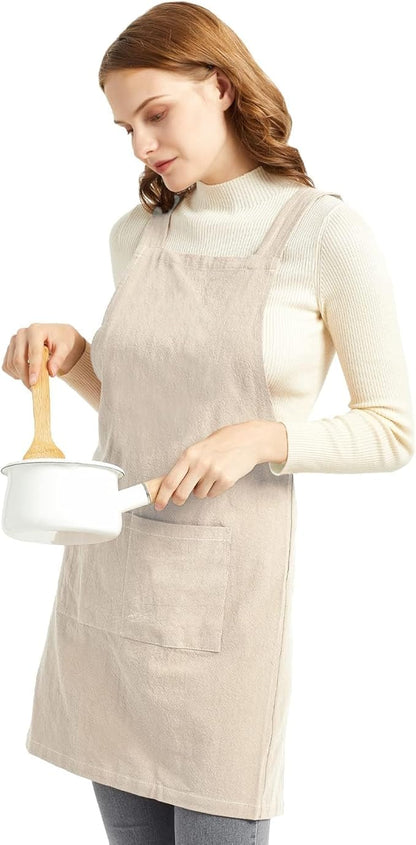 ELEZAY Aprons for Women with Pockets Plus Size Comfort Cross Back No Tie Cotton Linen Apron Pinafore