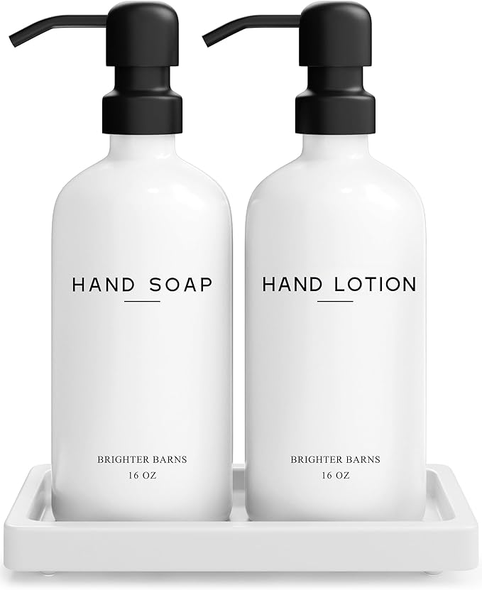White Glass Soap and Lotion Dispenser Set with Tray by Brighter Barns - Hand Soap Dispenser Bathroom Set & Stainless Steel Pump for Home, Vacation Rental - Modern Bathroom Accessories & Decor (White) by BrighterBarns